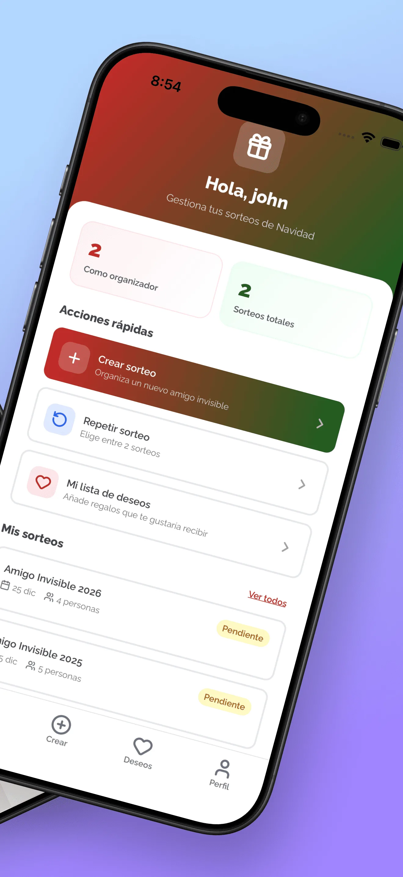 Pantalla de inicio con tus sorteos activos