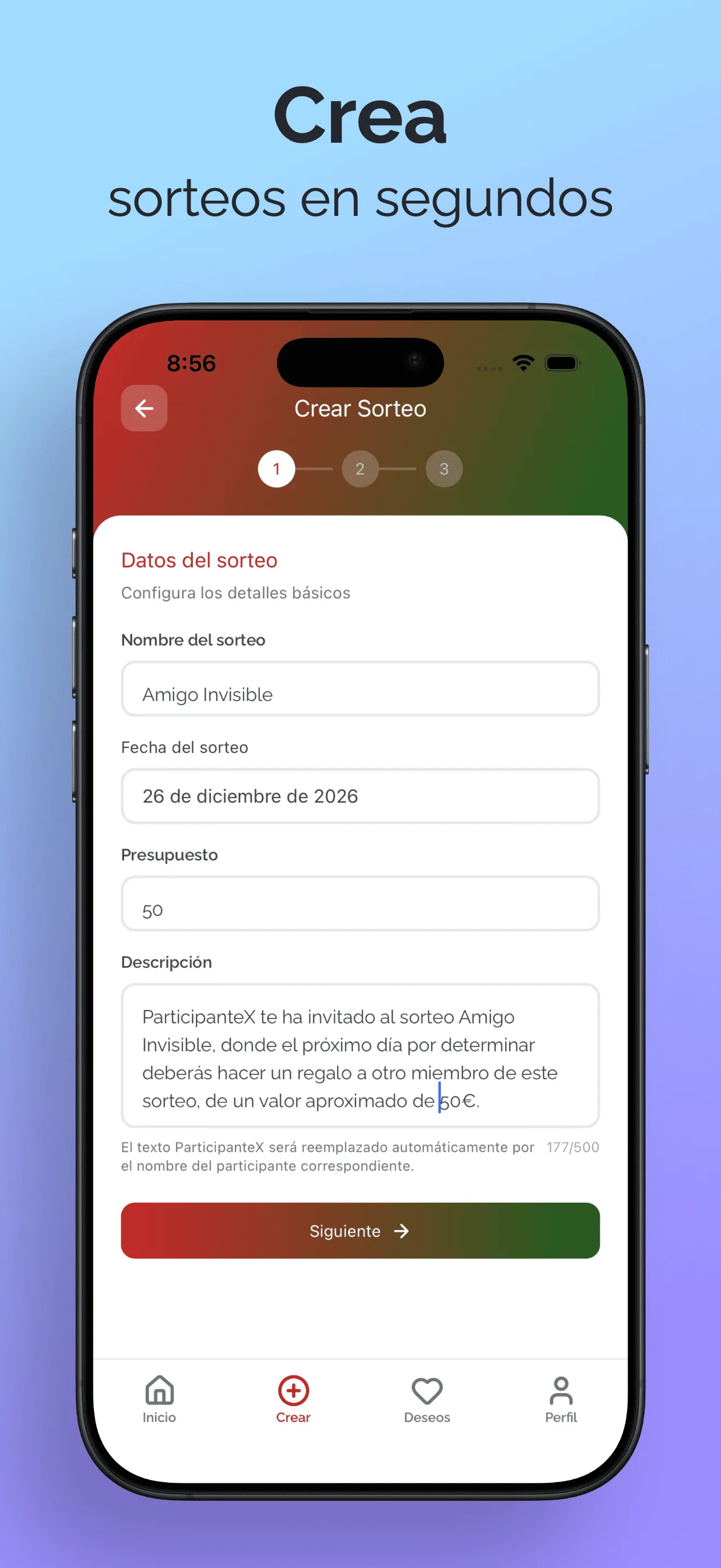 Wizard de creación de sorteo
