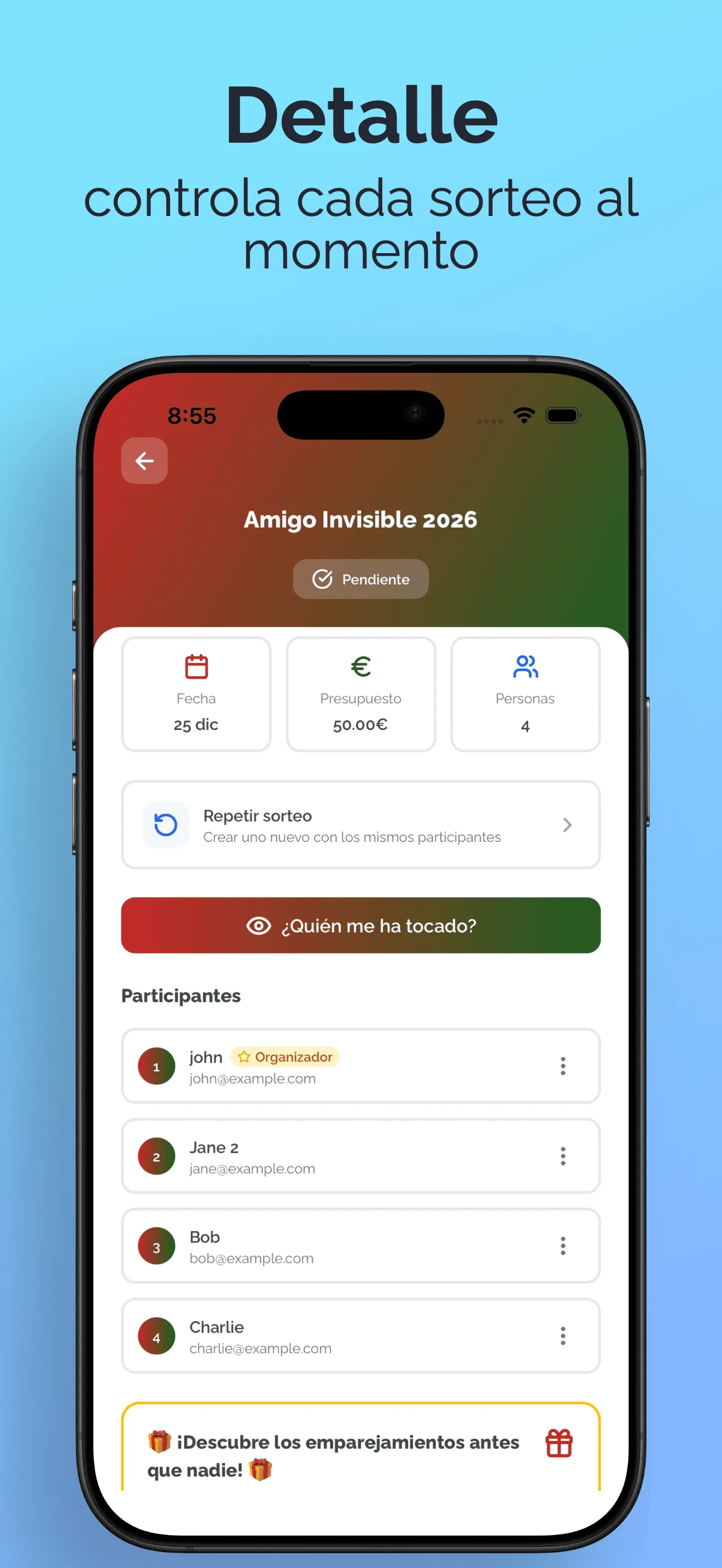 Detalle del sorteo con estados de participantes